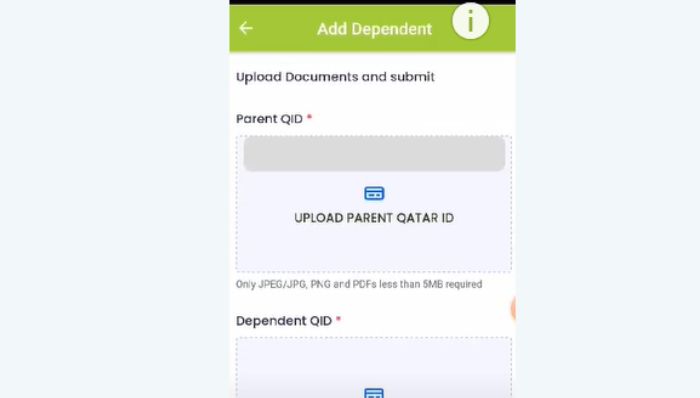 Attach QID of the parent, dependent, and spouse option in Qatar Naraakom App