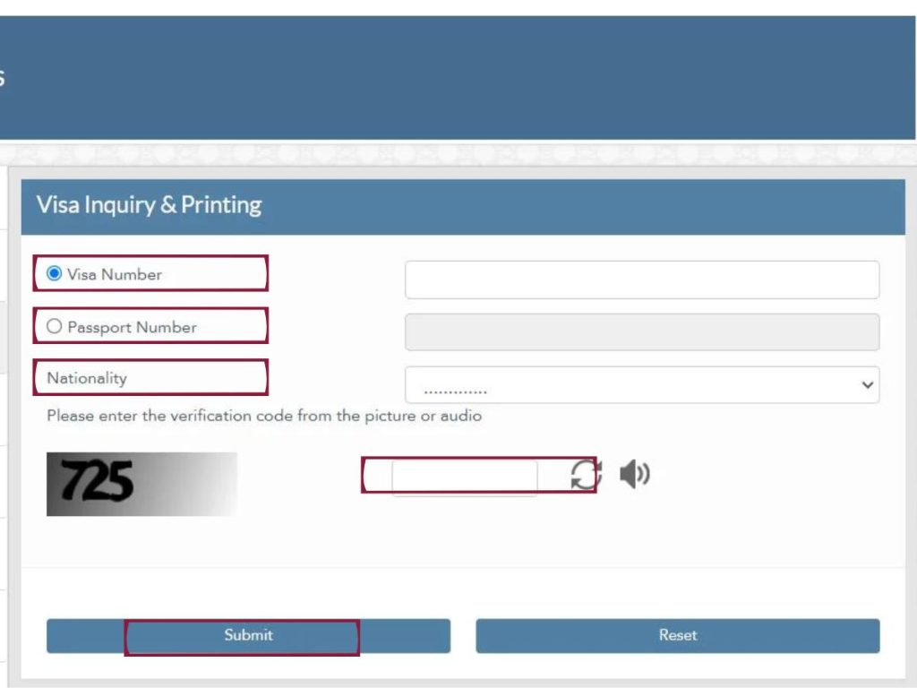 Moi website Visa inquiry and printing input details option