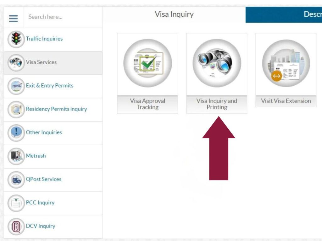 Moi website Visa inquiry option