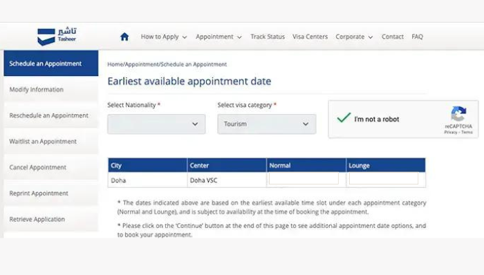 Tasheer website for qatar appointments dates available