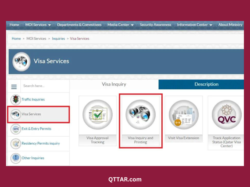 step 1 for checking visa expiry qatar visa services and click visa inquiry and printing