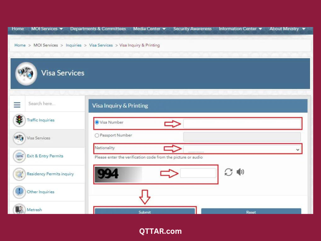 step 2 for checking visa expiry qatar visa enter passport, visa select nationality and enter the captcha code