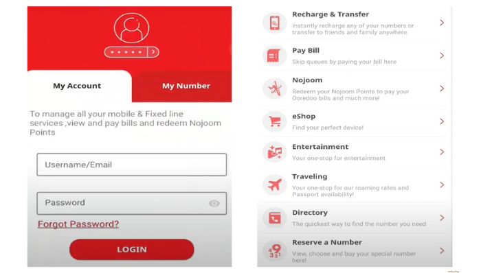 Login Ooredoo app and elect recharge and transfer option