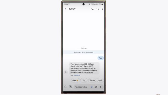 Ooredoo qatar credit confirmation message