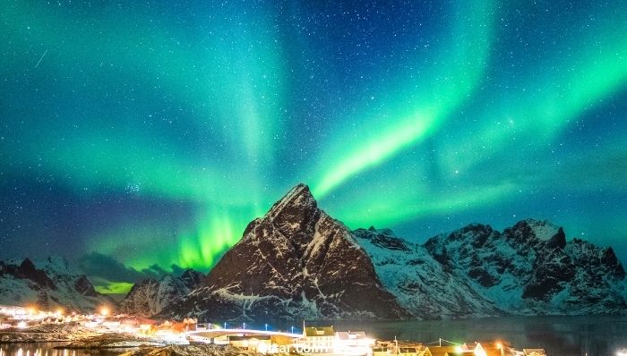 Aurora borealis in fishing village Norway